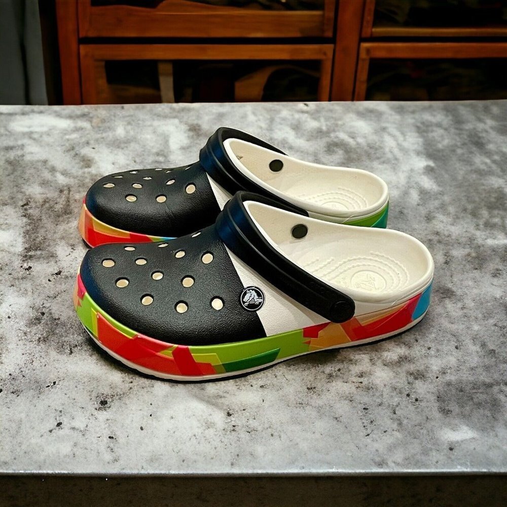 Crocs Clogs Women 7 Men’s 5 Crocband Shoes Black Rainbow bordered Sandals